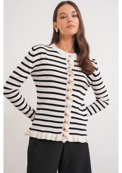 6965 Kadın Fırfır Detaylı Çizgili Triko Hırka Naturel modelleri