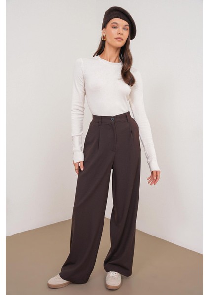 4747 Kadın Cepli Geniş Paça Dökümlü Palazzo Pantolon Kahve modelleri