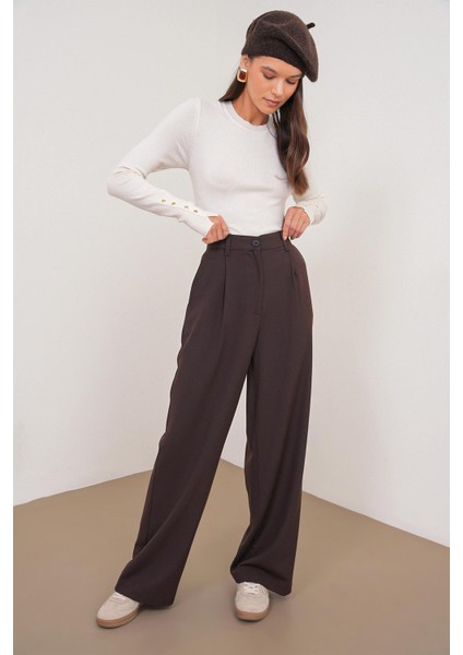4747 Kadın Cepli Geniş Paça Dökümlü Palazzo Pantolon Kahve fırsatları