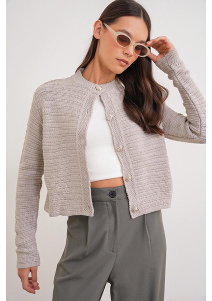 6778 Kadın Links Desenli Crop Triko Hırka Taş