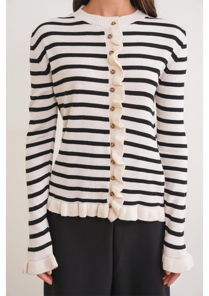 6965 Kadın Fırfır Detaylı Çizgili Triko Hırka Naturel indirimleri