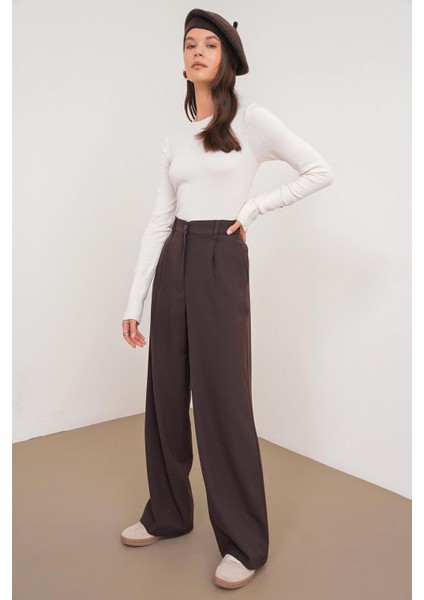 4747 Kadın Cepli Geniş Paça Dökümlü Palazzo Pantolon Kahve