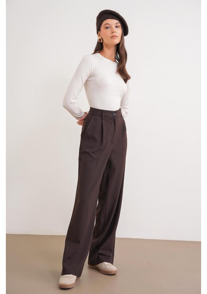 4747 Kadın Cepli Geniş Paça Dökümlü Palazzo Pantolon Kahve fiyatları