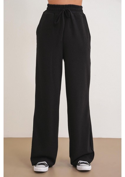 4757 Kadın Lastikli Bol Paça Örme Dökümlü Selanik Pantalon Siyah fırsatları