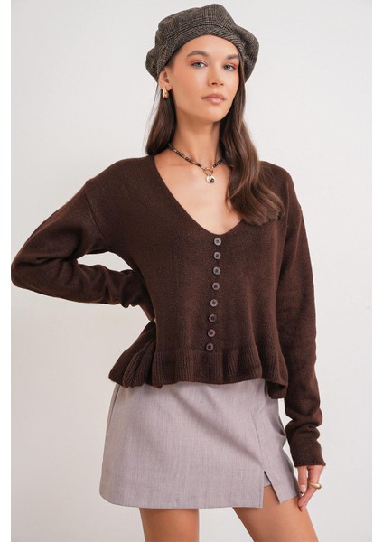 6954 Kadın Fırfır Detaylı V Yaka Triko Kazak Kahve modelleri