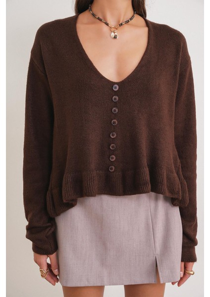 6954 Kadın Fırfır Detaylı V Yaka Triko Kazak Kahve fırsatları
