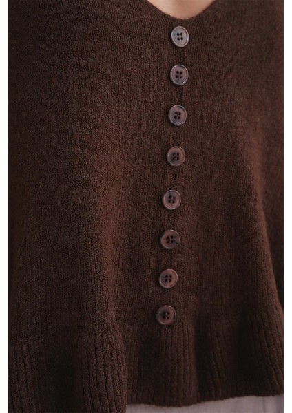 6954 Kadın Fırfır Detaylı V Yaka Triko Kazak Kahve indirimleri