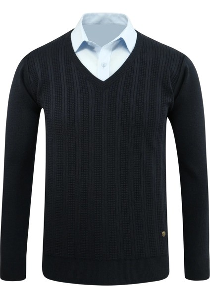 Erkek V Yaka Triko Kazak Çelik Örgü Desenli Klasik Kalıp - 5209D