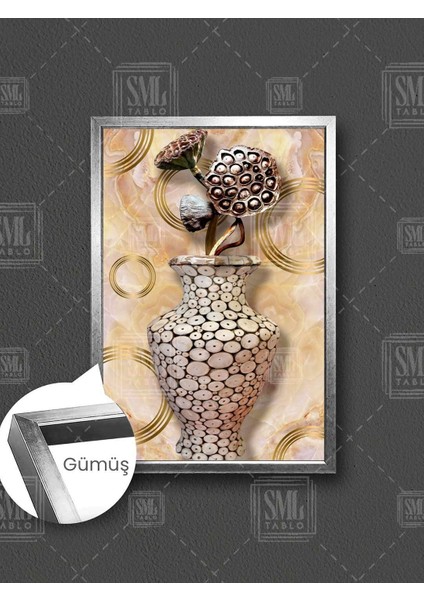 Ağaç Ahşap Vazo Içindeki Kuru Bitkiler Gold Modern Çerçeveli Dikey Kanvas Tablo