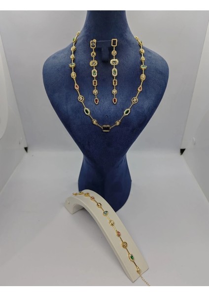 Gold Element Model Taşlı Kolye Küpe Bileklik Seti