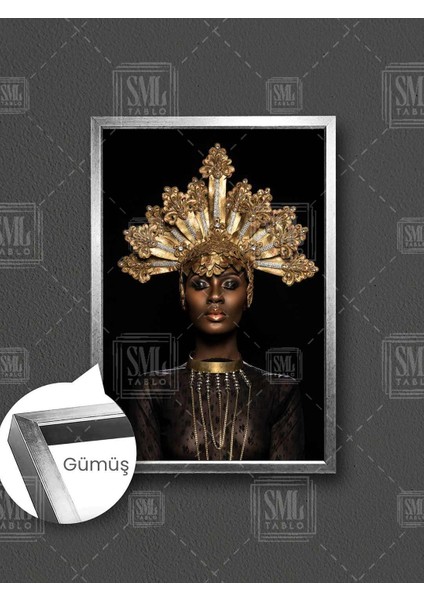 Altın Takılı Afrikan Kadın Görkemli Altın Taç Kraliçe Çerçeveli Dikey Kanvas Tablo
