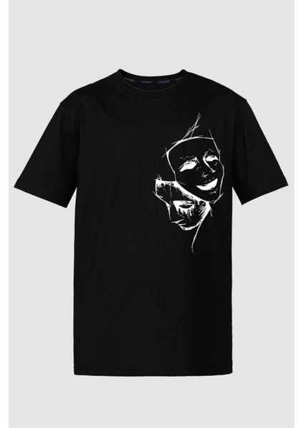 Maske Baskılı %100 Pamuk Bisiklet Yaka Basic T-Shirt