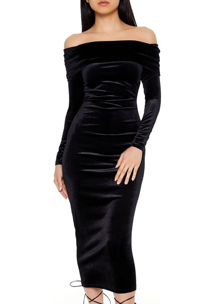 Kadife Madonna Yaka Midi Elbise