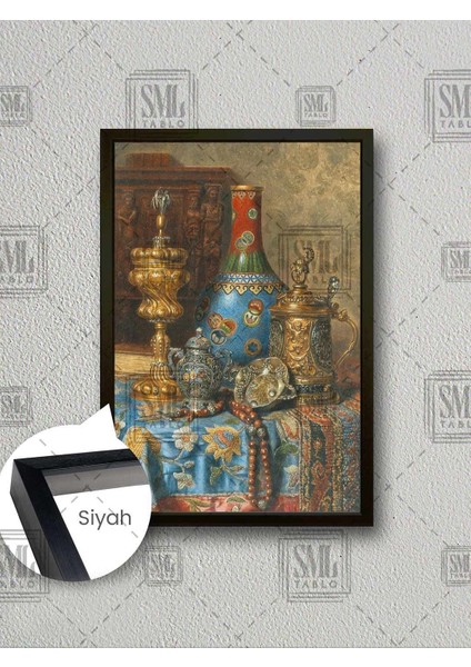 Işlemeli Masa Örtüsü Şamdan Antika Vazo Osmanlı Dekor Çerçeveli Dikey Kanvas Tablo