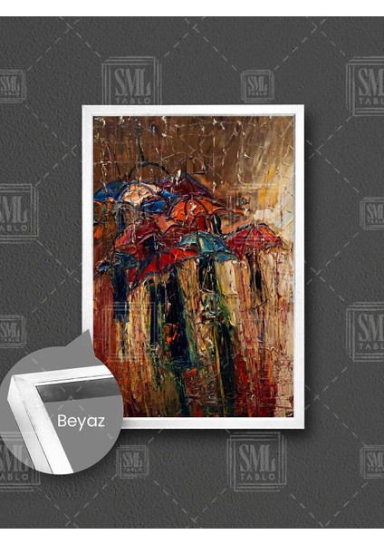 Yağmurda Yürüyen Şemsiyeli Insanlar Soyut Dekor Çerçeveli Dikey Kanvas Tablo