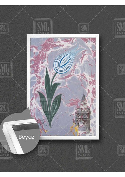 Ebru Sanatı Mavi Lale Galata Kulesi Istanbul Çerçeveli Dikey Kanvas Tablo