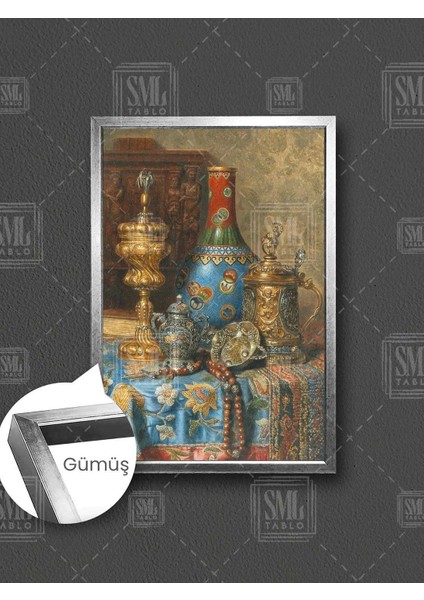 Işlemeli Masa Örtüsü Şamdan Antika Vazo Osmanlı Dekor Çerçeveli Dikey Kanvas Tablo