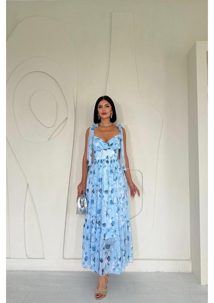 Mavi Şifon Drapeli Elbise