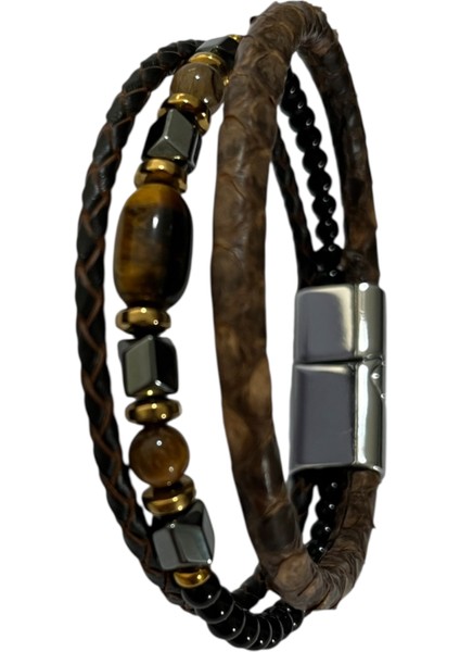 Erkek Bileklik Mıknatıslı Suni Deri Boncuk Taşlı Charm Hasır Örgü Bileklik