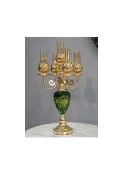 Mim Gold - Yeşil 5 Kollu Dekorcamlı Şamdan