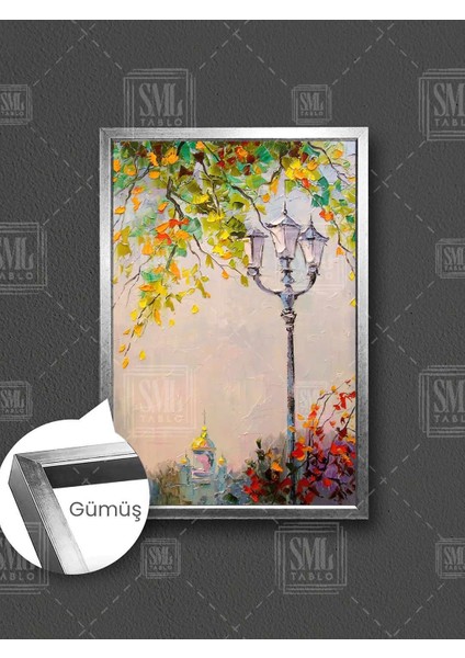 Yeşil Ağaçlar Sokak Lambası Kırmızı Bitkiler Sokak Manzarası Çerçeveli Dikey Kanvas Tablo