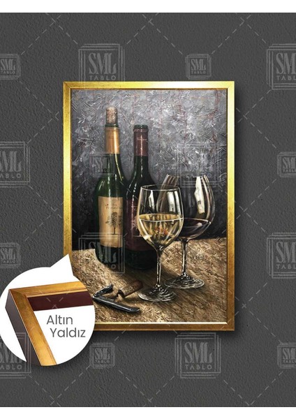 Şişe ve Kadehler Tirbuşon Bar ve Restaurant Mutfak Dekor Çerçeveli Dikey Kanvas Tablo