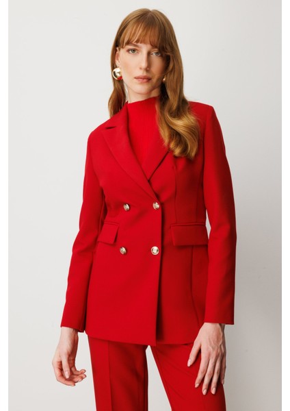 Kadın Kruvaze Yaka Kapak Cepli Ceket 5025 Kırmızı