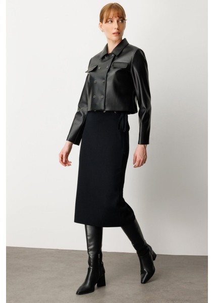 Kadın Çıtçıtlı Deri Crop Ceket 5087 Siyah