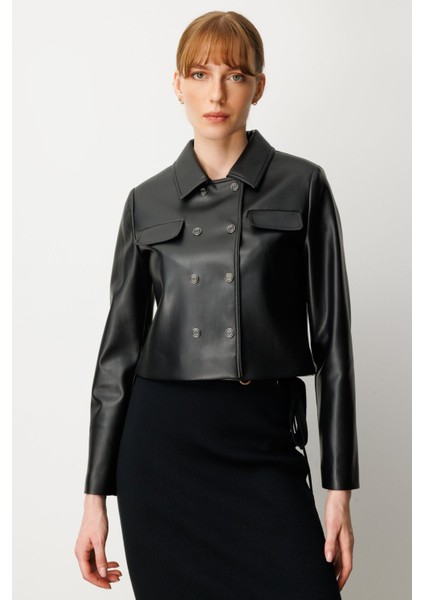 Kadın Çıtçıtlı Deri Crop Ceket 5087 Siyah fiyatları
