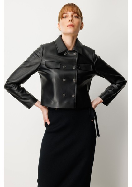 Kadın Çıtçıtlı Deri Crop Ceket 5087 Siyah modelleri