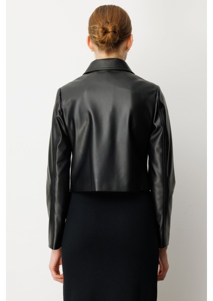 Kadın Çıtçıtlı Deri Crop Ceket 5087 Siyah fırsatları