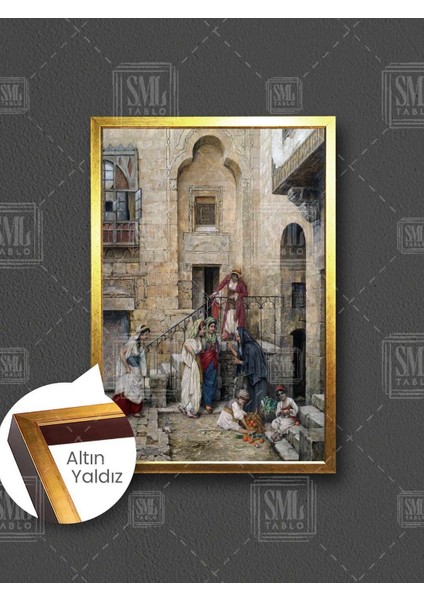 Osmanlı Taş Evler Sohbet Eden Kadınlar Oryantel Sanat Çerçeveli Dikey Kanvas Tablo