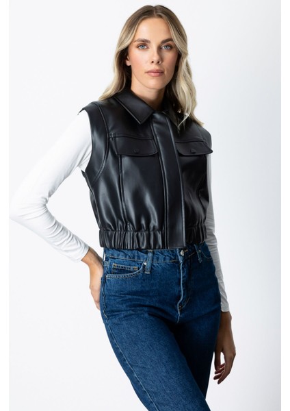 Kadın Kolsuz Deri Crop Yelek 5097 Siyah