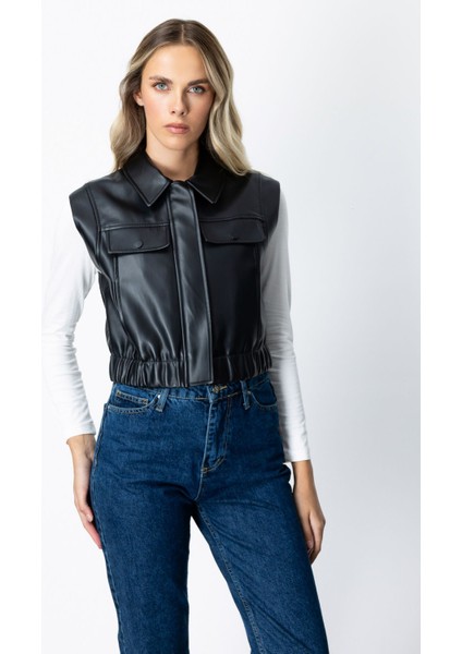 Kadın Kolsuz Deri Crop Yelek 5097 Siyah fiyatları
