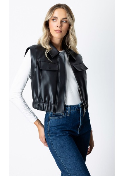 Kadın Kolsuz Deri Crop Yelek 5097 Siyah modelleri