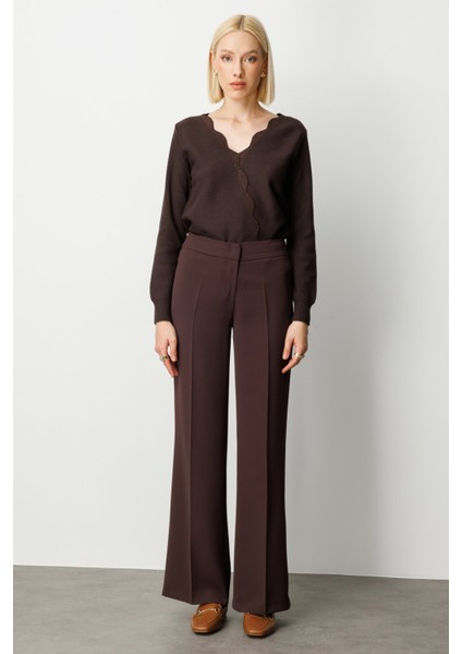 Kadın Krep Kumaş Bol Paça Pantolon 1031 Kahverengi