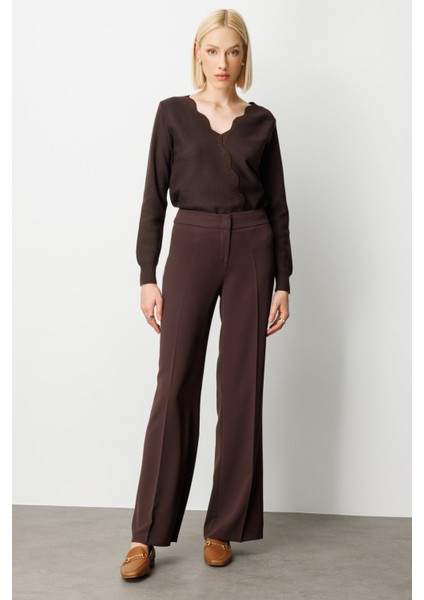 Kadın Krep Kumaş Bol Paça Pantolon 1031 Kahverengi fiyatları