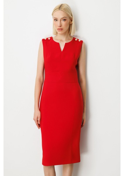 Kadın Süs Düğme Detaylı Kolsuz Elbise 4015 Kırmızı modelleri