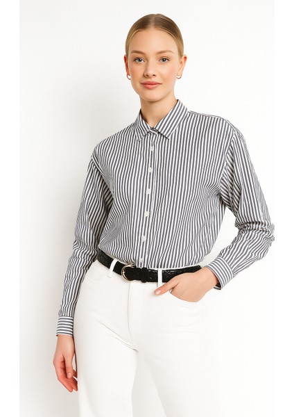 Kadın Çizgili Oversize Gömlek – Antrasit Beyaz Pamuk Gömlek