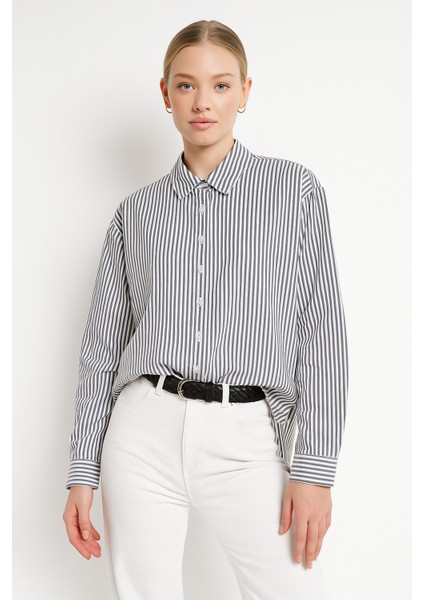 Kadın Çizgili Oversize Gömlek – Antrasit Beyaz Pamuk Gömlek fiyatları