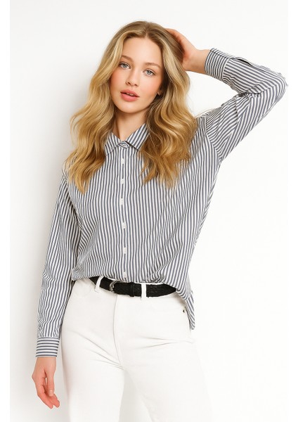 Kadın Çizgili Oversize Gömlek – Antrasit Beyaz Pamuk Gömlek modelleri