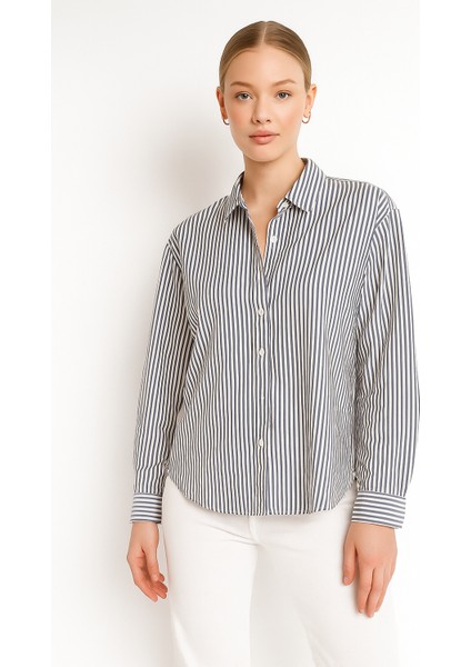 Kadın Çizgili Oversize Gömlek – Antrasit Beyaz Pamuk Gömlek fırsatları