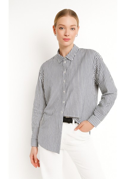 Kadın Çizgili Oversize Gömlek – Antrasit Beyaz Pamuk Gömlek indirimleri