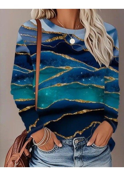 Kadın Uzun Kollu Bisiklet Yaka Desenli Modal Bluz