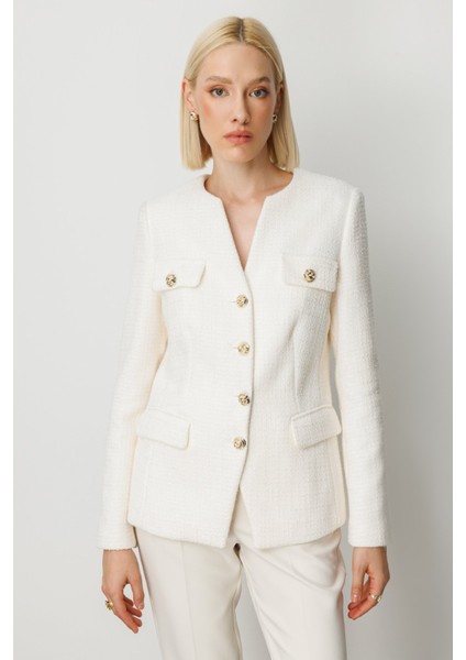 Kadın Kapak Cepli Tüvit Ceket 5043 Ekru