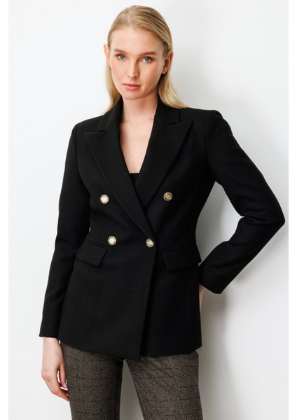 Kadın Kruvaze Yaka Kaşe Ceket 5069 Siyah