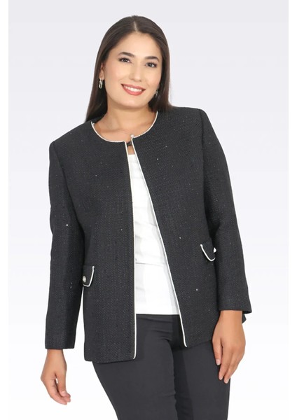 Tolga Saraçoğlu Kadın Kontrast Biye Detaylı Şık Şanel Ceket 0124 Siyah