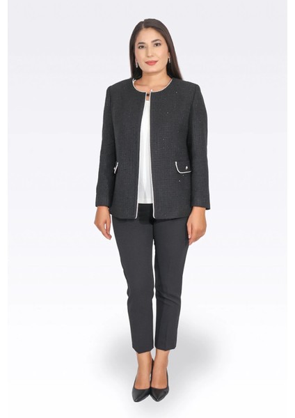 Tolga Saraçoğlu Kadın Kontrast Biye Detaylı Şık Şanel Ceket 0124 Siyah fiyatları
