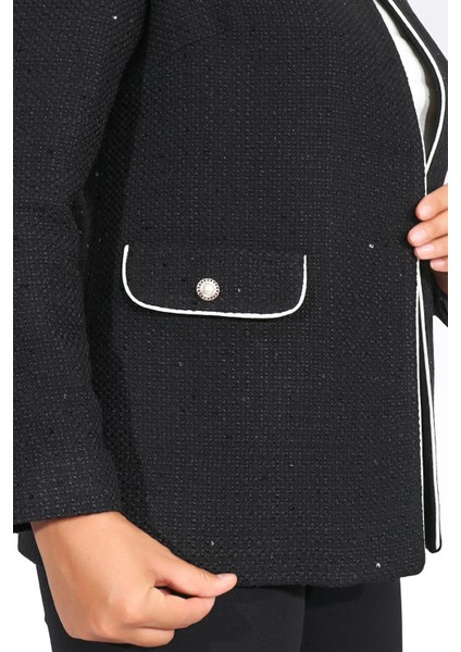 Tolga Saraçoğlu Kadın Kontrast Biye Detaylı Şık Şanel Ceket 0124 Siyah modelleri