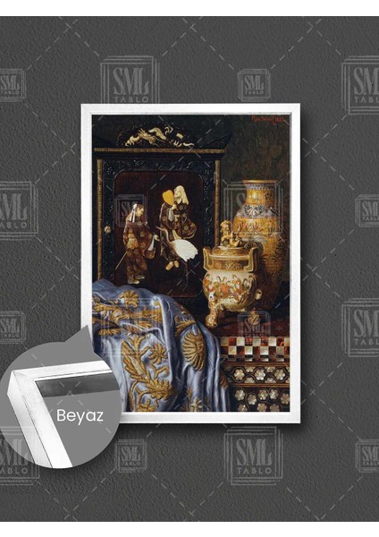 Antika Eşyalar Işlemeli Vazo ve Yorgan Max Schodl Dekor Çerçeveli Dikey Kanvas Tablo